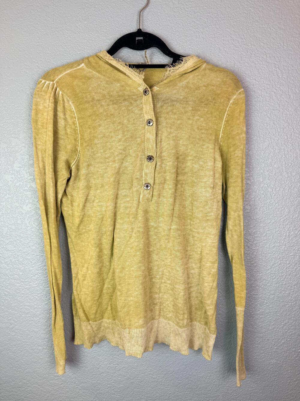 One Girl Who Sweater Womens Medium Green Hooded Henley Cotton Cashmere Knit